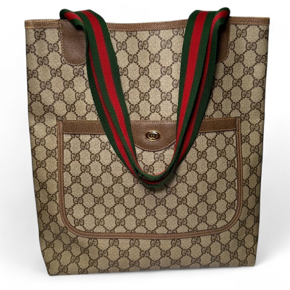 GUCCI Vintage Supreme Coated Canvas Sherry Line Tote Bag, Brown